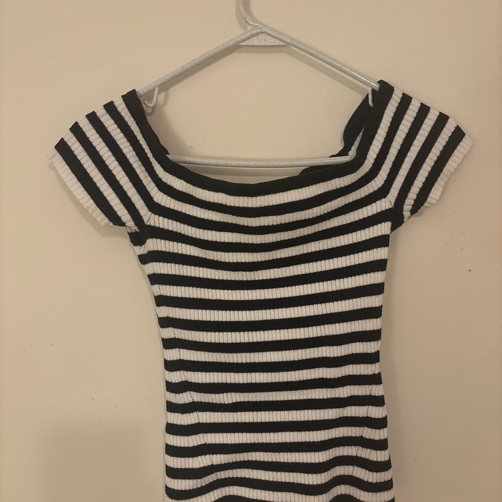 American Eagle Outfitters Black and White Striped Ribbed Off-Shoulder Top
